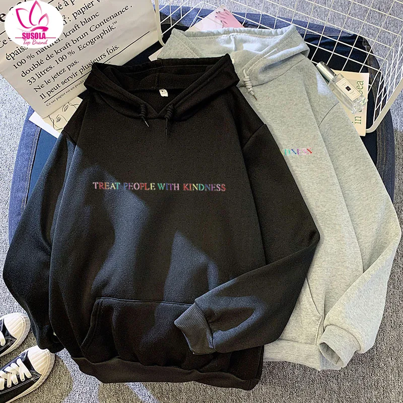 

SUSOLA Lady New Spring Autumn Treat People with Kindness Trend Hoodeds Women Vintage Casual Punk Letter Hip Hop Hooded