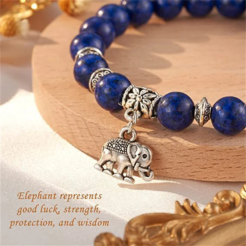 

Female Lucky Blue Natural Stone Beads Metal Elephant Charm Bracelet for Women Ladies Bracelet Jewelry Gifts Bohemia Wholesale