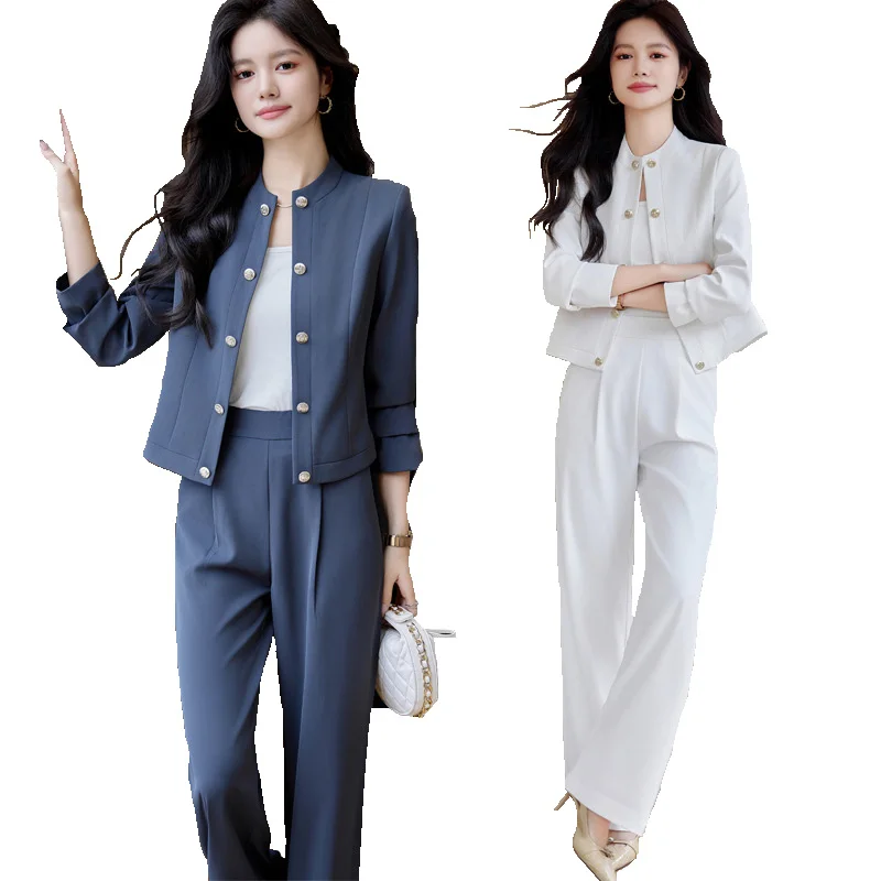Костюм брючный женский деловой из 2 предметов элегантный блейзер с круглым