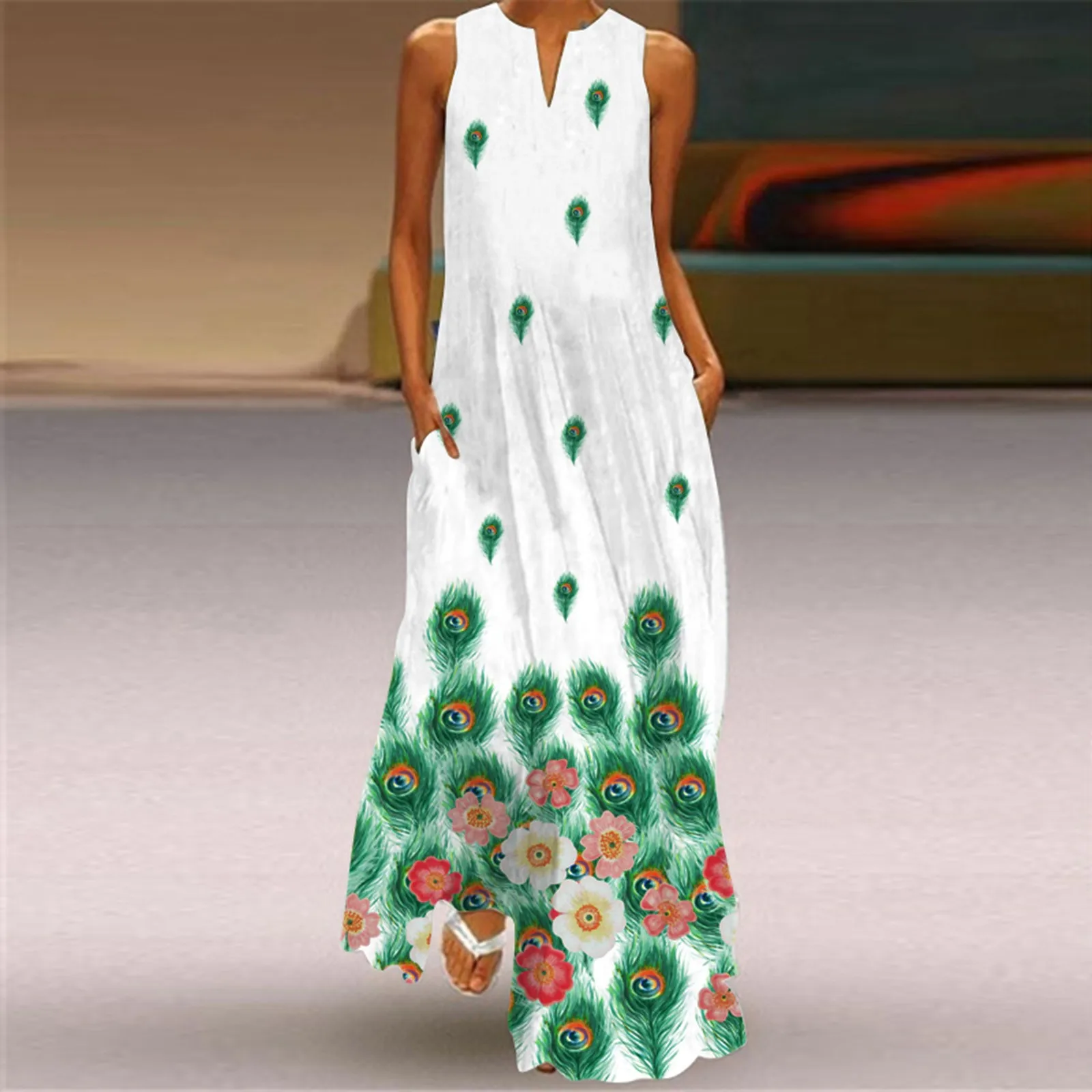 

Платье-макси с вырезом лодочкой, длинное пляжное свободное Макси-Платье с принтом в стиле бохо, без рукавов, с V-образным вырезом, на лето