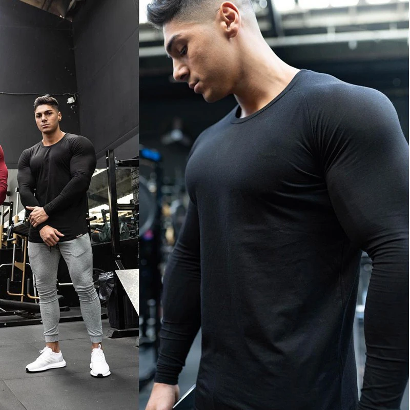 Men Cotton Muscle Fit Crew Neck T Shirt Gym Athletic Fit Long Sleeves Tee Top Longline T-Shirt Workout Hipster Shirt Curved Hem images - 6