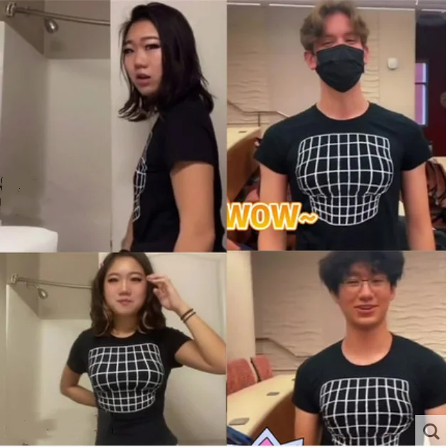 

Creative fun flat chest to big chest illusion deception short-sleeved cotton T-shirt women's summer 3D