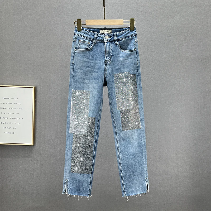 

Straight Jeans for Women Trendy New Spring Summer Stretchy Jean High Waist Slimming Hot Drilling Denim Pants Hot Girls Jeans