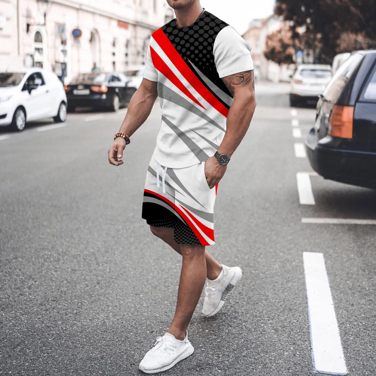 Summer Men's Tracksuit Set T-Shirt Shorts 2-piece Striped Splicing Fashion Fitness Sportswear Large Size Jogging Suit Streetwear