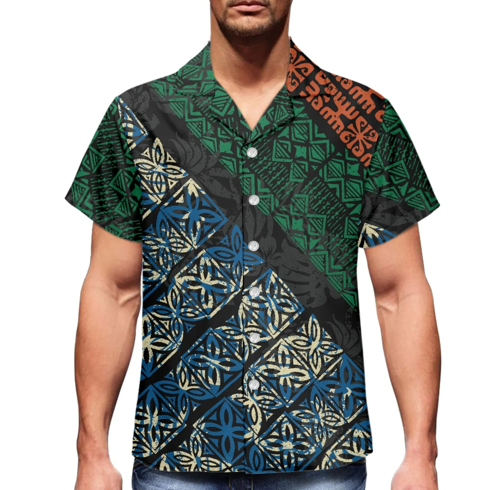 Web Format Tattoo Traditional Tribal Print Polynesian 2023 Summer Men's Hawaiian Sport Shirt V-Neck Men's Short Sleeve Luxurya