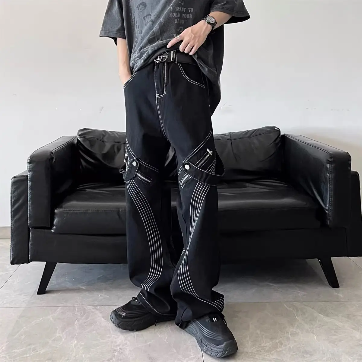 American retro washable hiphop loose straight jeans for men, casual wide leg cargo pants