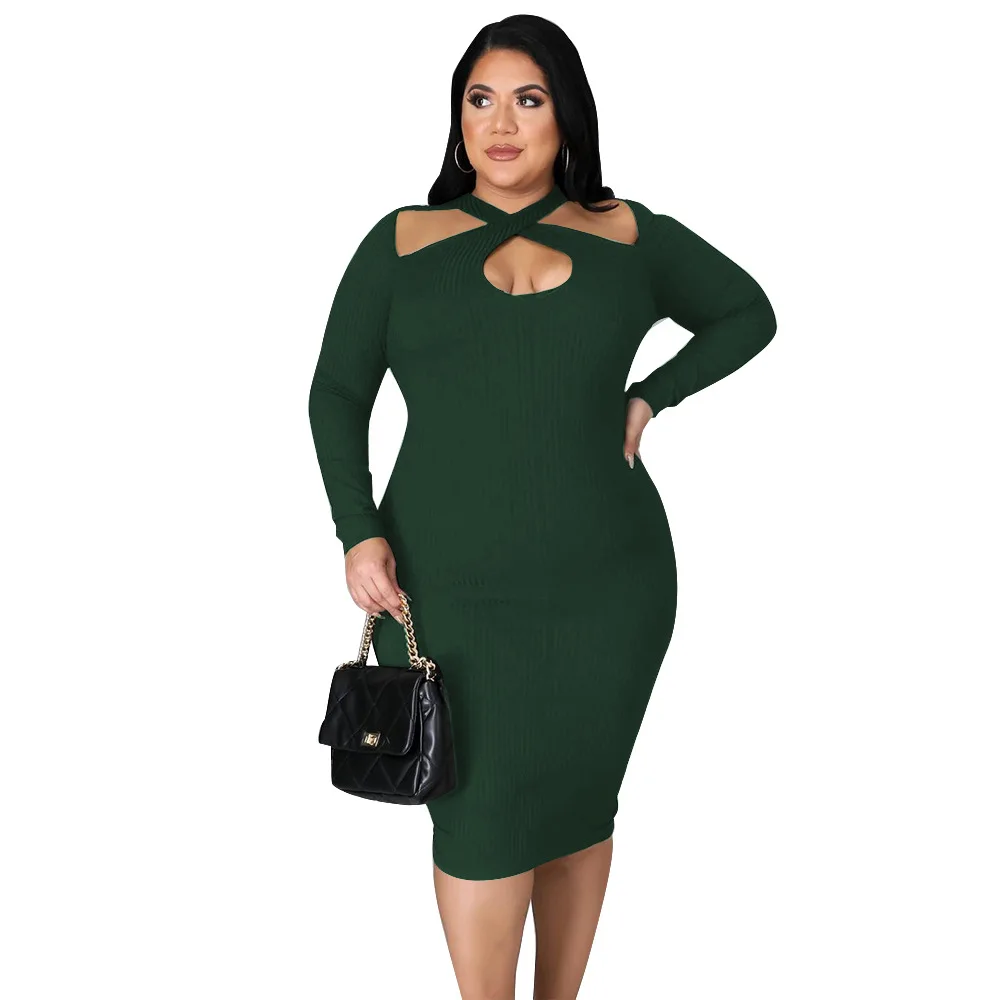 Plus Size Dresses Solid Long Sleeve Hollow Out Slim Fit Party Dresses Evening Dresses Long Sleeve Dresses for Women Sexy & Club