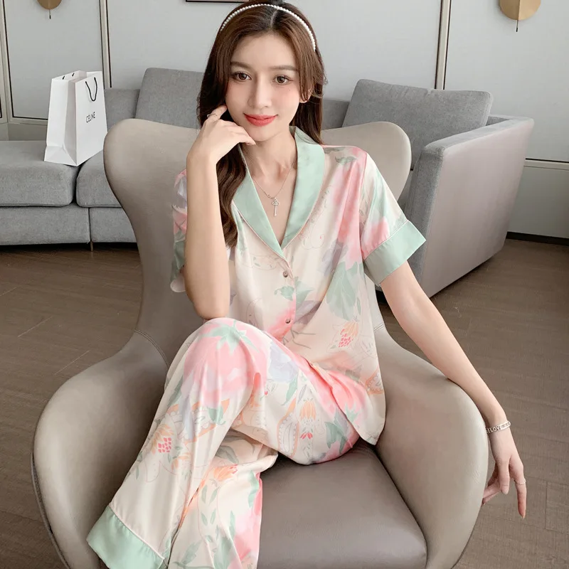 Lisacmvpnel Spring New Style Ice Silk Pajamas Women's Long Sleeved Suit Thin Home Clothes Suit Can Be Worn Outside Print Fashion