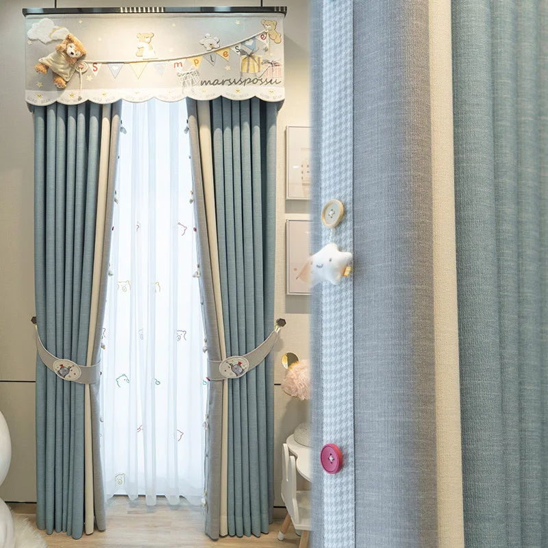 

Curtains for Living Room Bedroom Modern Minimalist New Color Matching Cartoon Children's Room Bay Window Thickening Shading