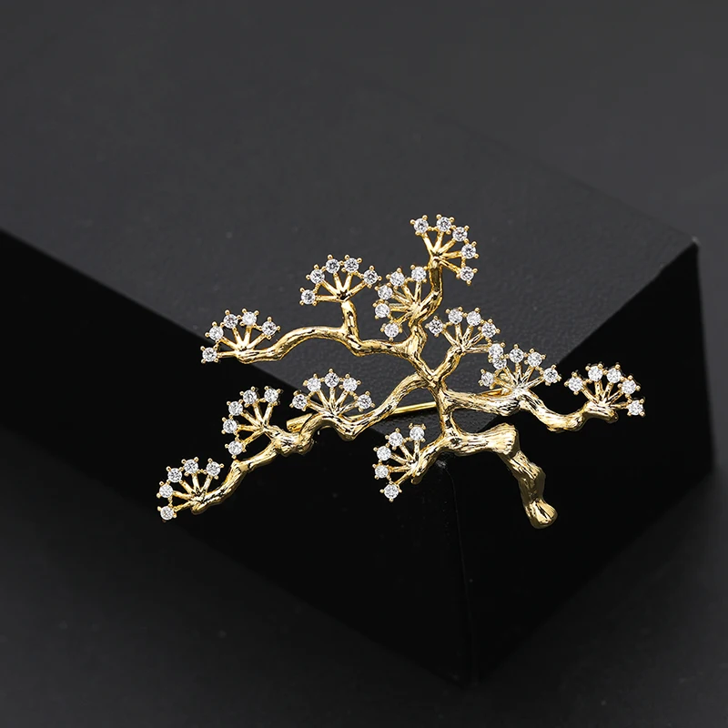 

Gold Color Copper Pine Pins Dazzling Clear Zircon Paved Tree Brass Brooches For Women Girls Sweater Dress Coat Party Jewelry