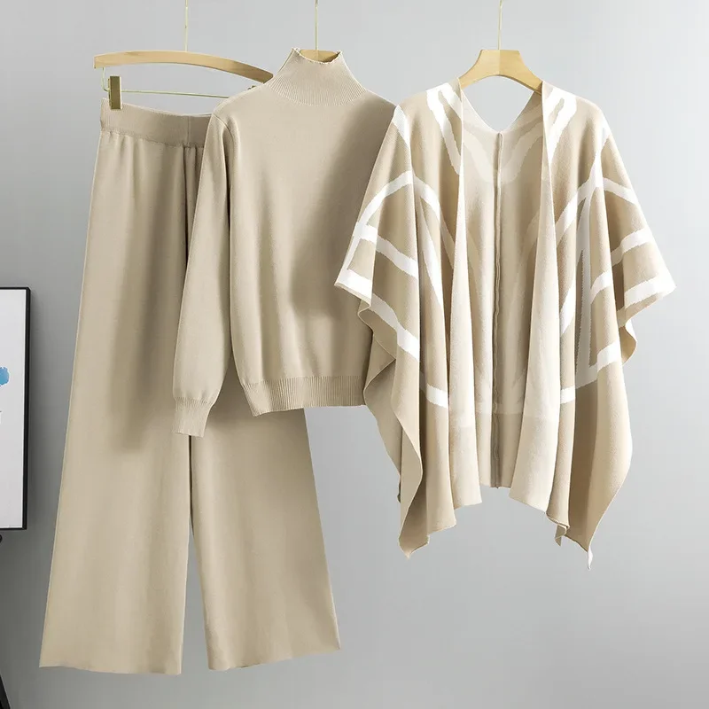 Офисный женский комплект из 3 предметов винтажный принт шаль пуловер свитер