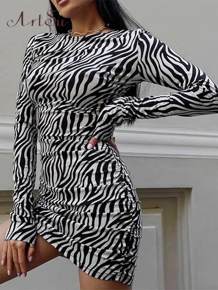 

ArtSu Zebra Print O Neck Long Sleeve Draped Pleated Mini Prom Dress Sexy Skinny Summer Elegant Outfit Streetwear Y2K ANDYDR1074