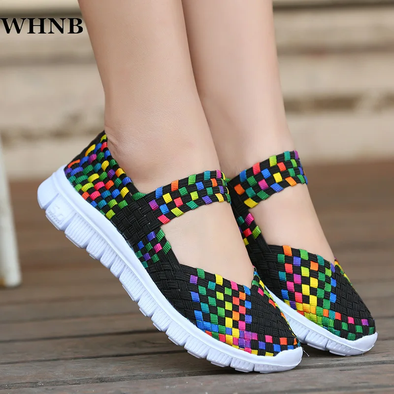 

WHNB Women's Loafers Casual Shoes 2022 Spring Comfortable Sneakers Woven Breathable Flat Shoes Outdoor Hook&Loop Slip