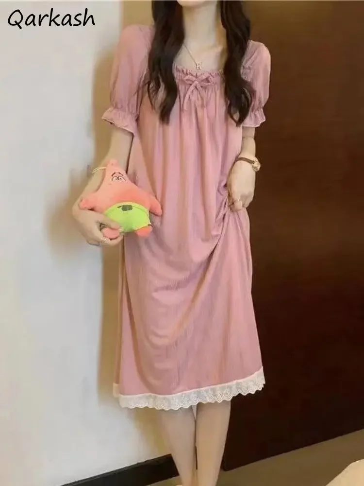 Ночные рубашки с бантом женские элегантные летние пижамы миди пышными рукавами