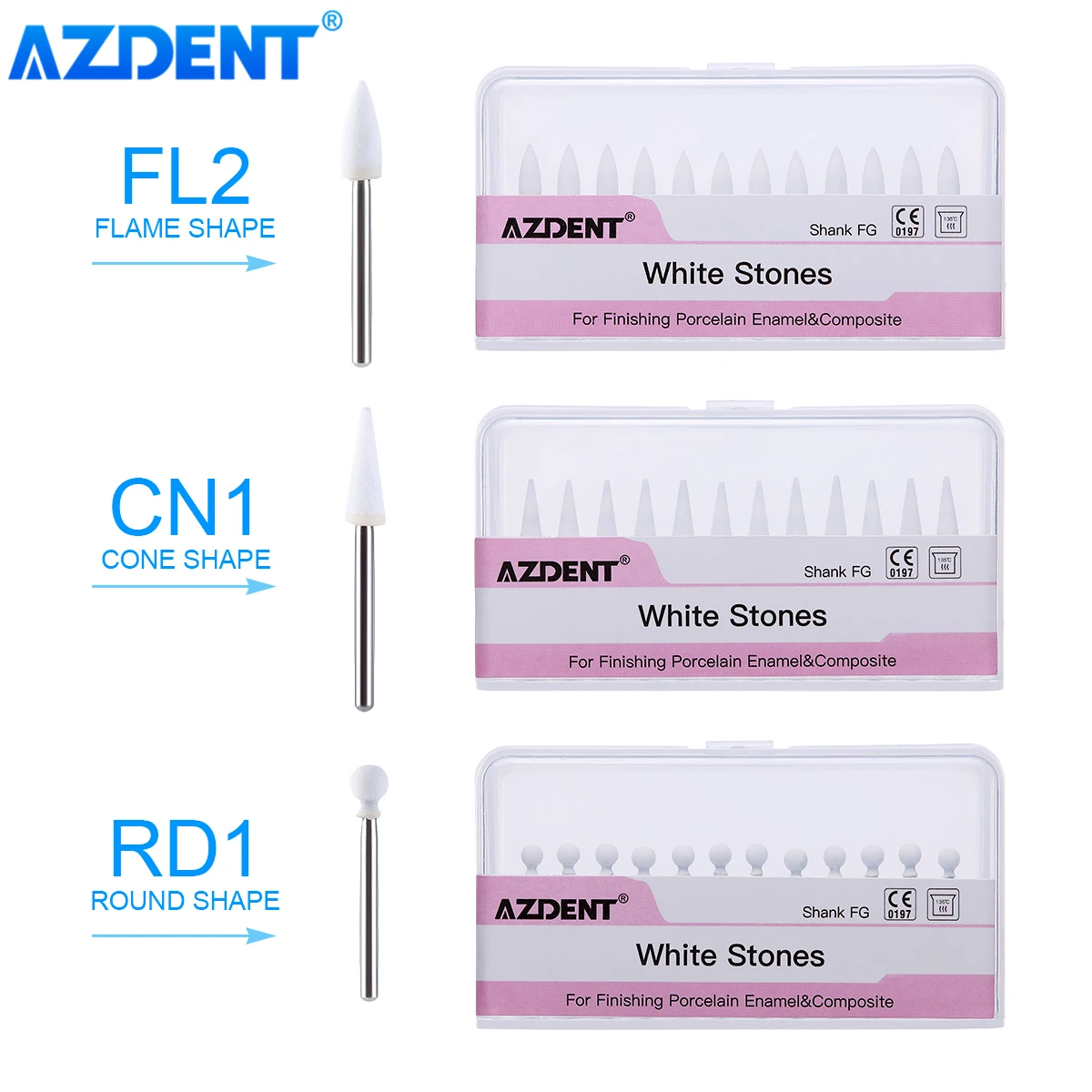 AZDENT 12pcs/pack Dental Flame Cone Round White Stone Polisher FG Burs for Polishing Dental Clinic Metal Resin Porcelain
