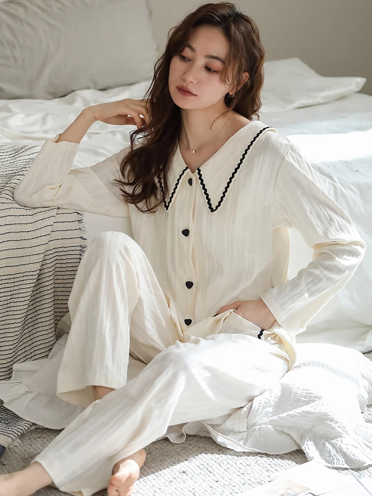 New Spring 100% Cotton Women Pajams Set White Sleepwear Lace Design Home Clothes Pijama Femme Hombre Pyjama Nightgown For Ladies