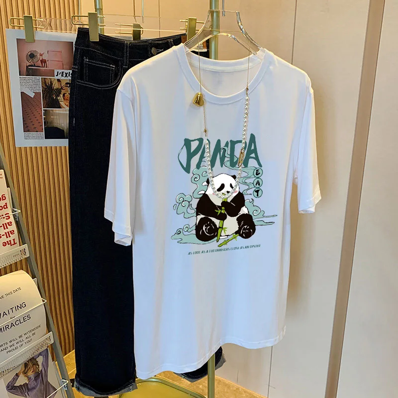 

Женская футболка в стиле Харадзюку, свободная летняя футболка с круглым вырезом и короткими рукавами в виде милой панды, белая футболка с на...