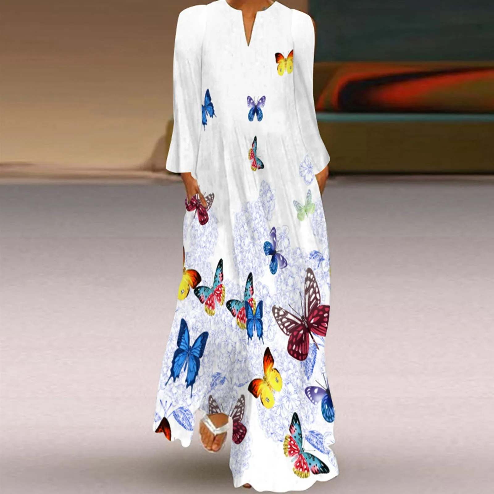 

Women's Long Sleeve Print Dress Sexy V-neck Elegant Dress Skirt Maxi Dress Summer Party Loose Summer Dress for Women Midi Length