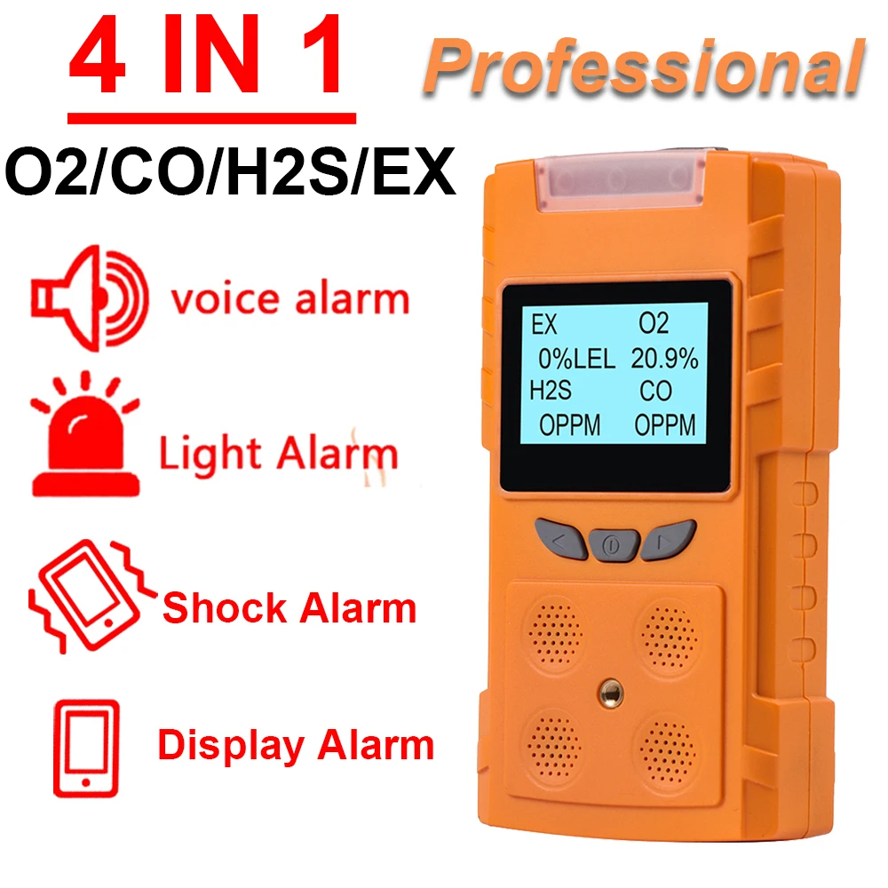 

4 in 1 EX O2 H2S CO Multi Gas Detector Portable Combustible Gas Leak Detector Gauge Sound Alarm LCD Digital Display