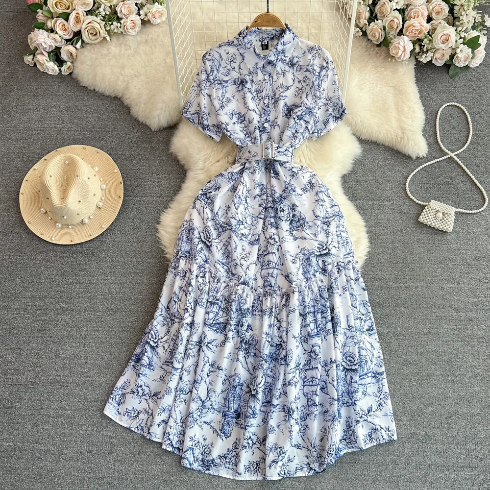 

Модное женское темпераментное однобортное платье-рубашка с отложным воротником и поясом с крутым принтом