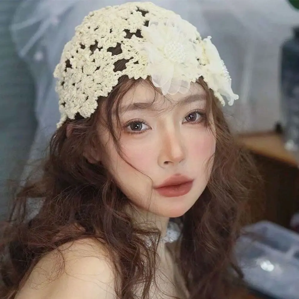 Дышащая вязаная шапка с вырезами цветочный кружевной берет жемчужные модные