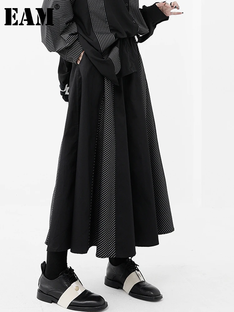 

[EAM] High Elastic Waist Black Striped Color-block Long Half-body Skirt Women Fashion Tide New Spring Autumn 2022 1DE6850
