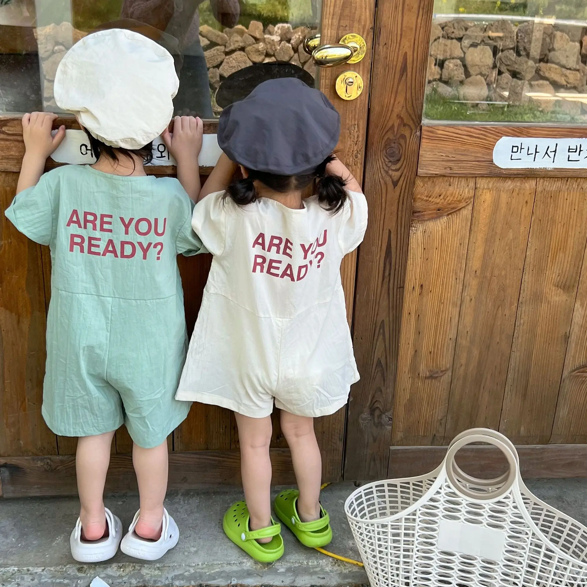 

Korean Children's Clothing Summer 2023 Brother And Sister Clothes Boys Loose Cotton Overalls Girls Short Sleeve Letter Jumpsuit