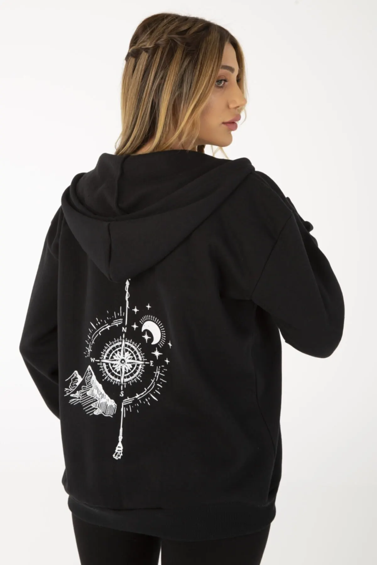 

Women's Cardigan Black Oversize Compass Back Printed Sweatshirt Casual Knitted Quality Fashion Sweaters Loose Jumper