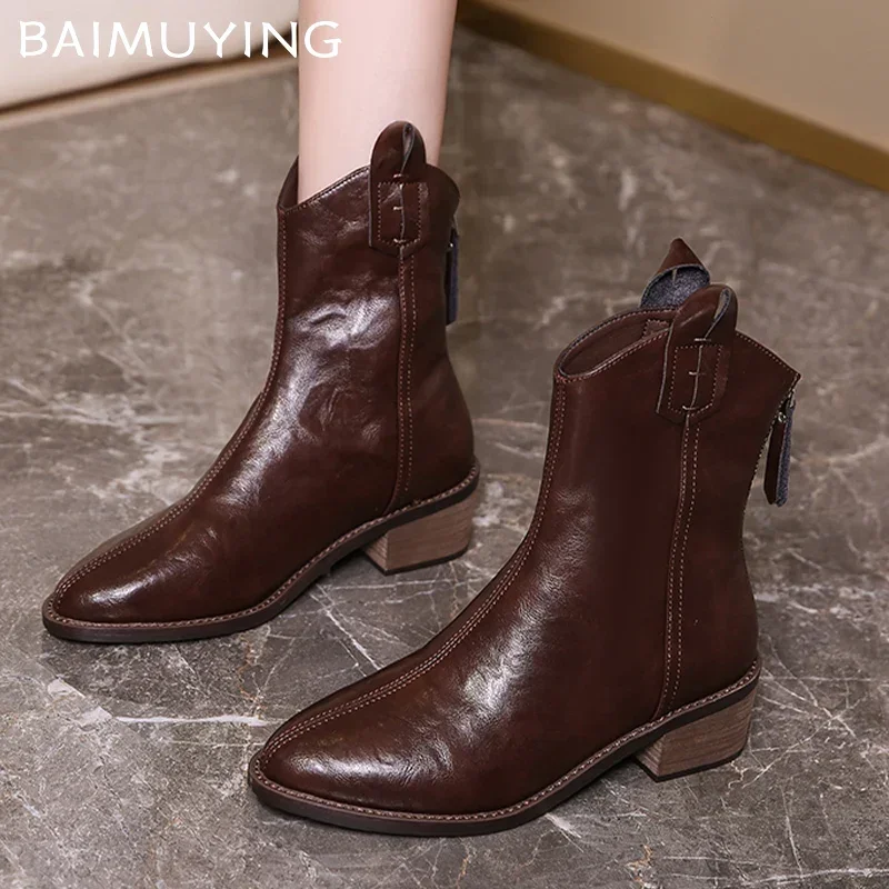 Женские ботильоны на массивном каблуке с острым носком элегантная кожаная обувь