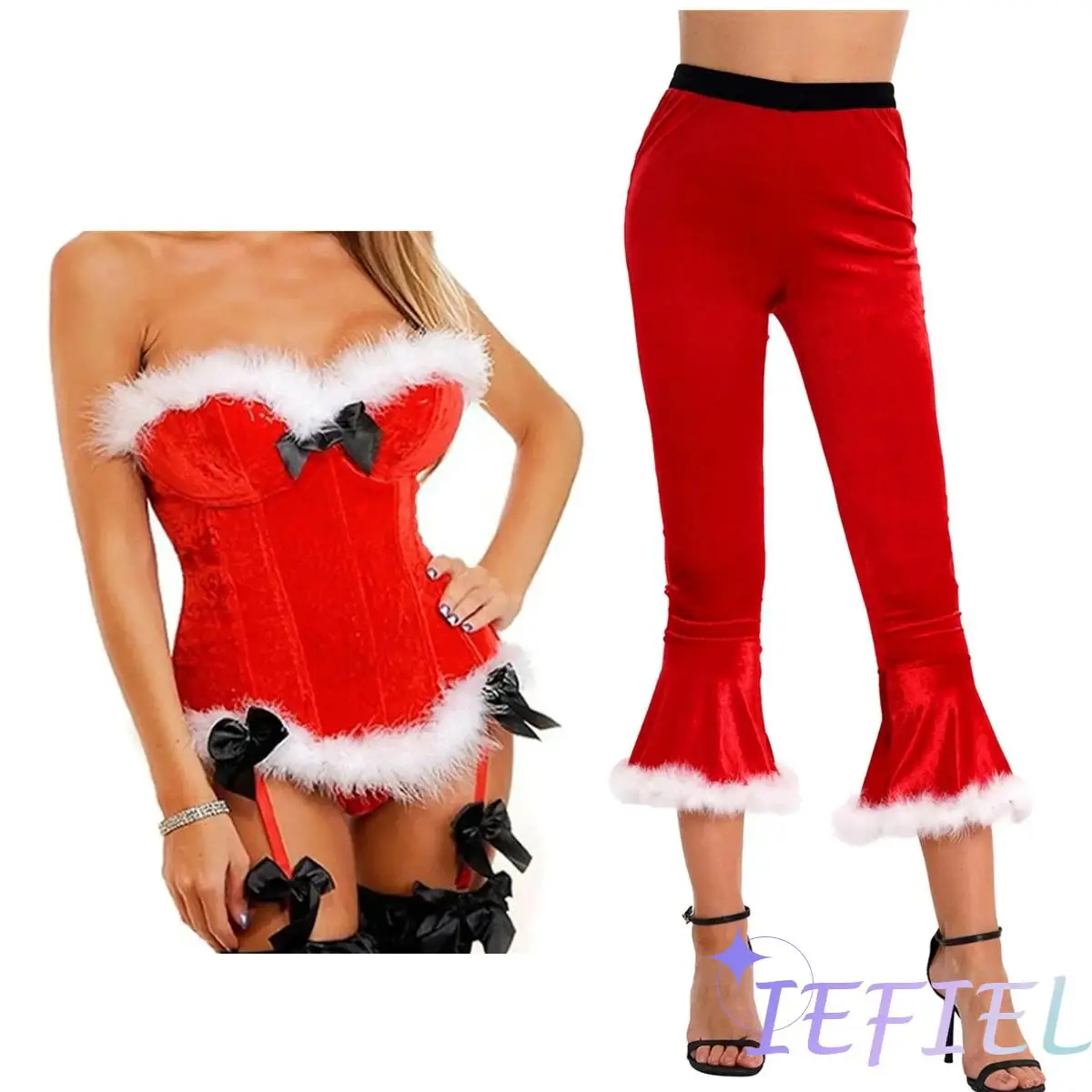 

Womens Christmas Costume Two Piece Velvet Lingerie Set Corset Bustier Tops with Flared Pants for Xmas Cosplay Holiday Outfit