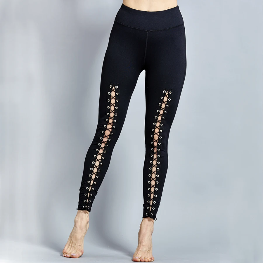 

LPS007 Women's US New Leggings Sexy Slimming Corn-eyed Braces Yoga Push-up Pants Side Lace Black Europe and America