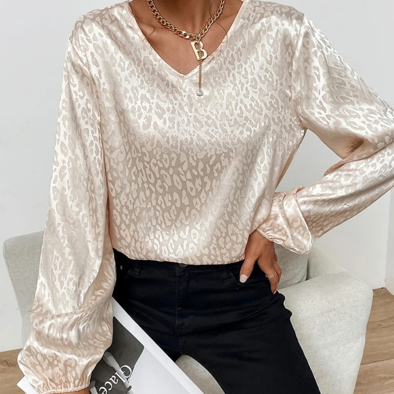 

Lady Elegant Leopard Print Satin Blouse 2022 Spring New V Neck Pullover Tops Autumn Women Casual Jacquard Long Sleeve Soft Shirt