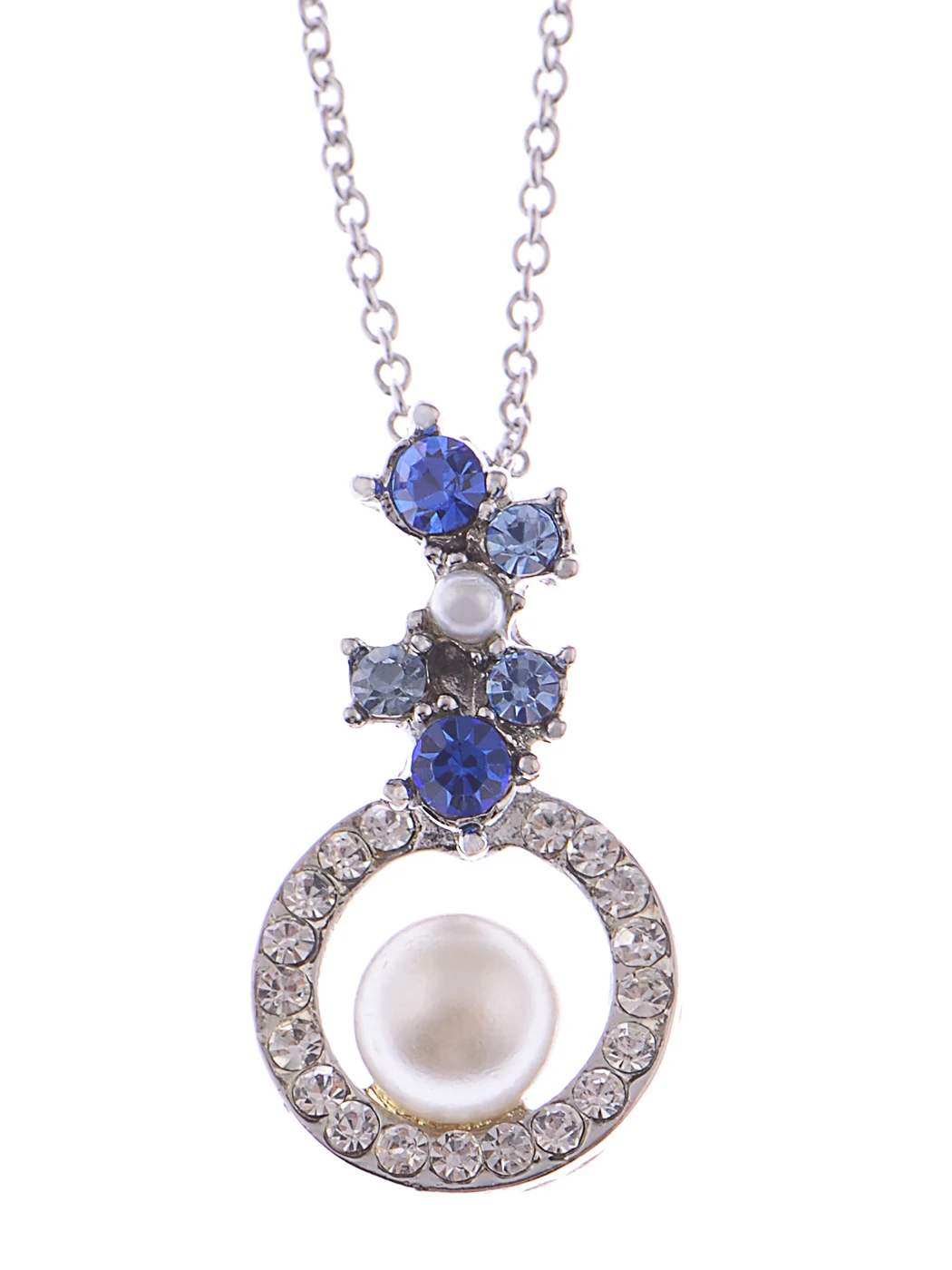 

Sapphire Floral Bud Cluster Halo Faux Pearl Crystal Silver Necklace