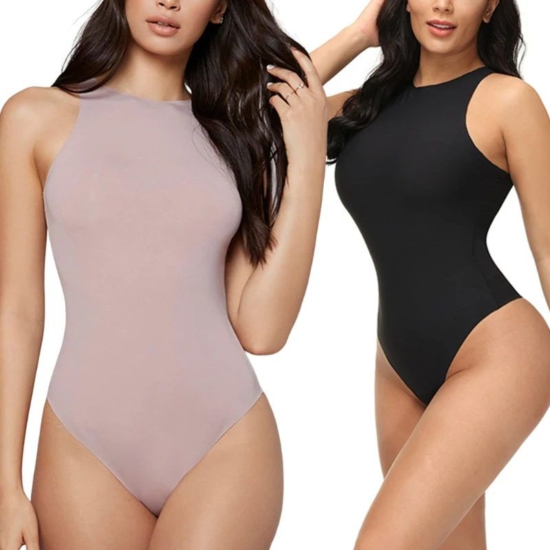 

Womens Sleeveless Halter Neck Racerback Skinny Bodysuit Top Solid Color Slim-Fitted Tummy-Control Leotard Jumpsuits