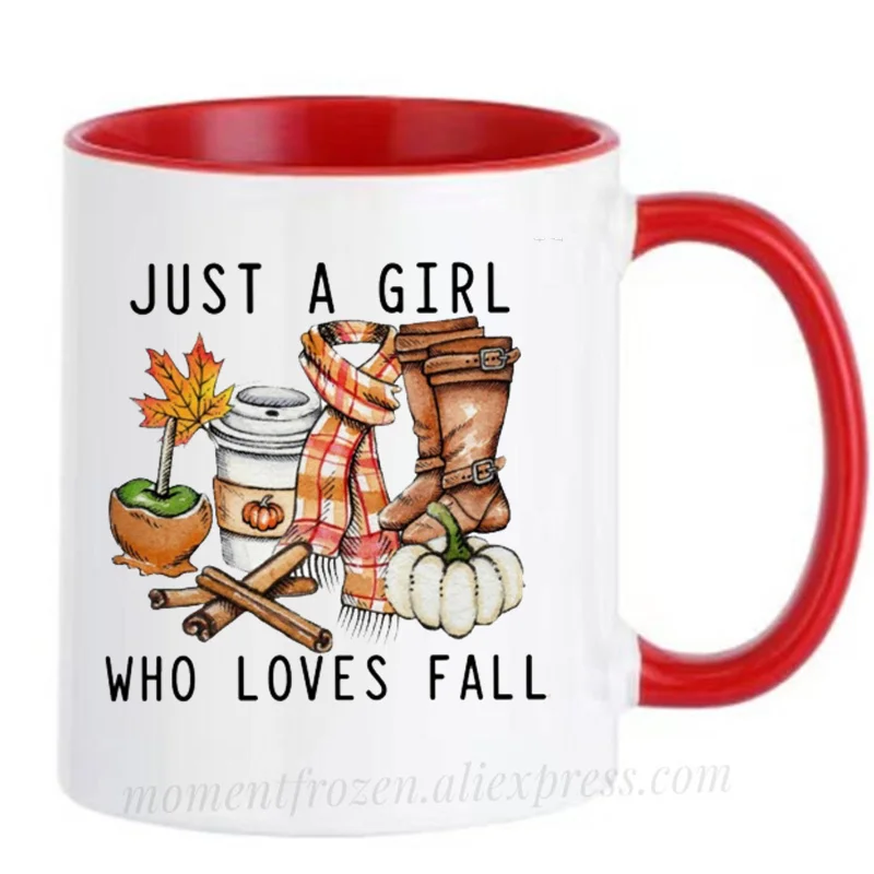 

Just A Girl Who Loves Fall Mugs Autumn Cups Scarf Maple Leaves Boots Season Funny Coffee Mugen Coffeeware Home Decal Drinkware