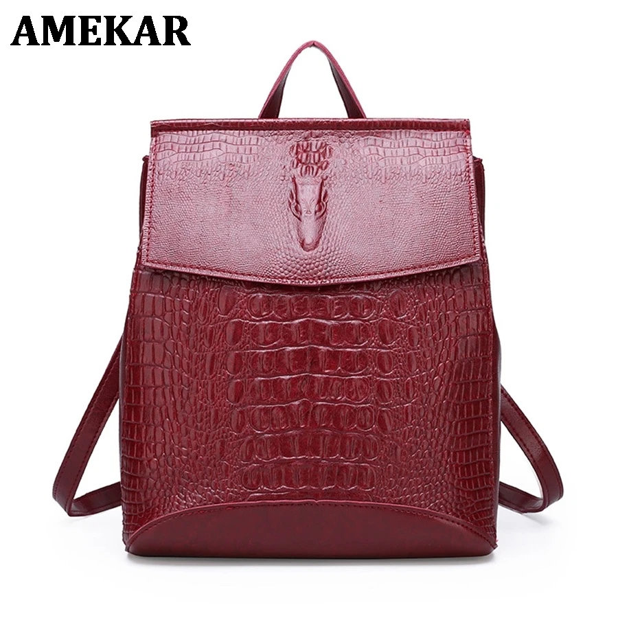 

Female Vintage High Quality Crocodile Backpack Girls for Travel Soft Handle PU Shoulder Leather School Bags