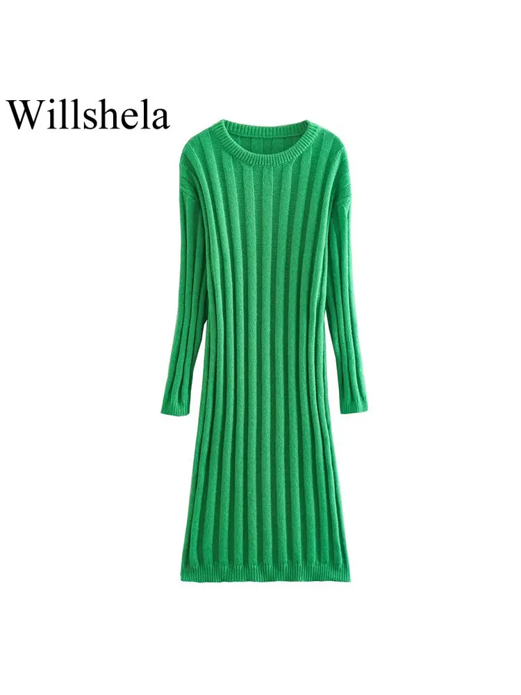 

Willshela женское модное однотонное трикотажное платье миди в винтажном стиле с круглым вырезом и длинными рукавами, женские шикарные платья