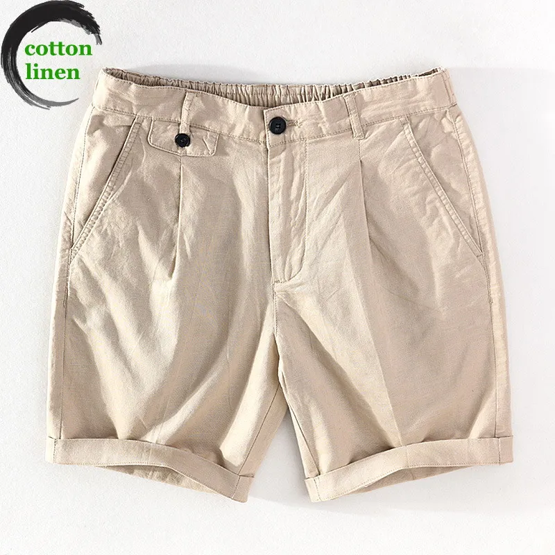 

Summer High-quality Men's Casual Shorts Cotton Linen Youth Thin Tethered Elastic Mid-waist Five-point Pants H002