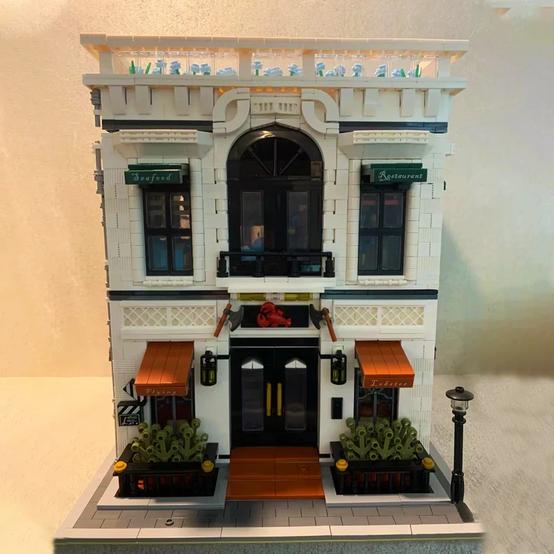 

MOC City Street View Seafood Restaurant Flying Lobster Building Blocks Idea Architecture Office Model Bricks Set Toys Kid Gift