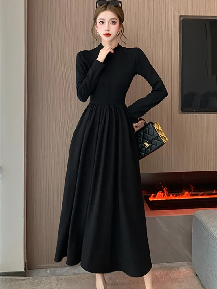 

Черное вязаное бархатное платье макси в стиле пэчворк осень-зима 2023 плотная теплая одежда для выпускного корейское винтажное платье Хепберн для женщин
