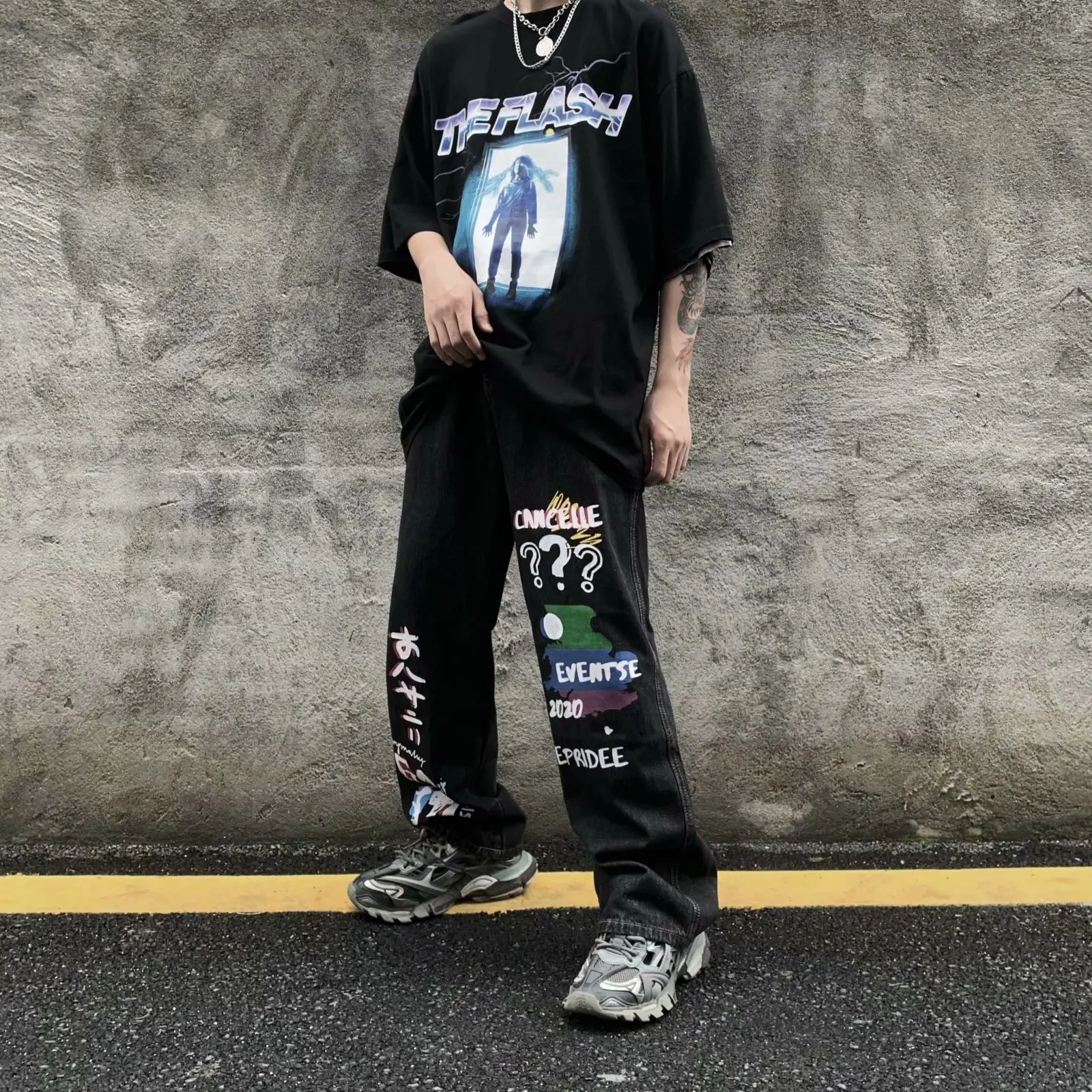 Hip-hop Graffiti Street Straight Wide Leg Jeans Men's Brand Clothing Loose High Street Casual Pants Fashionable Men's Clothing