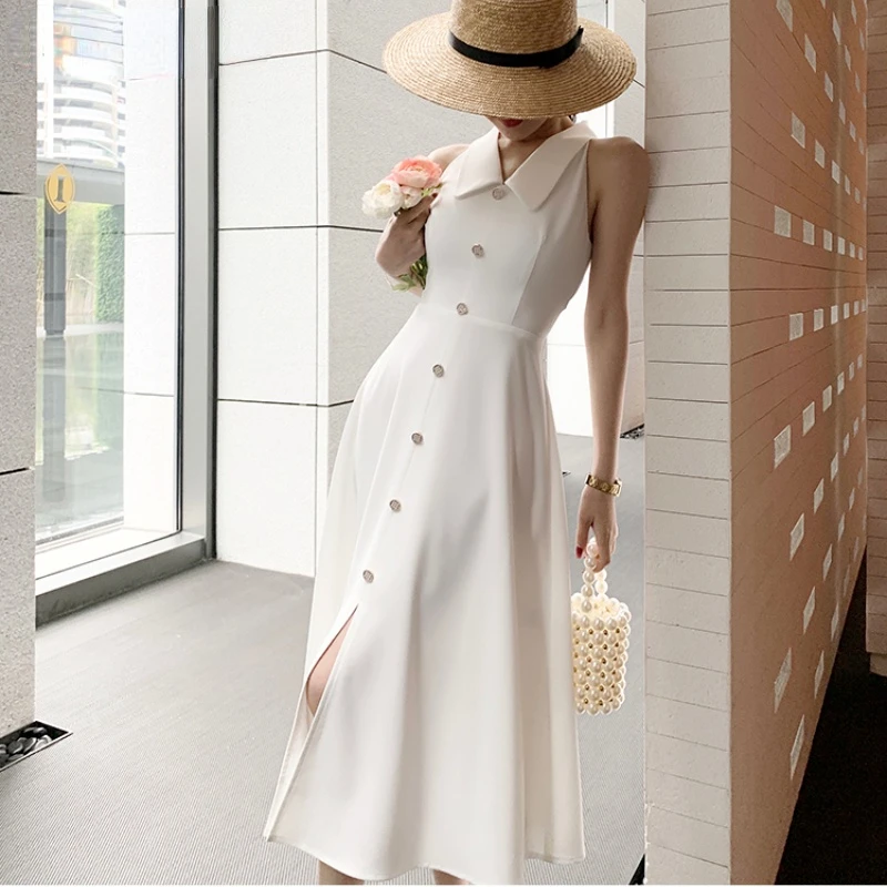 

French Peter Pan Collar Dress Women 2022 Summer Sleeveless Button A-line Dress Elegant Office Ladies Slim Dress