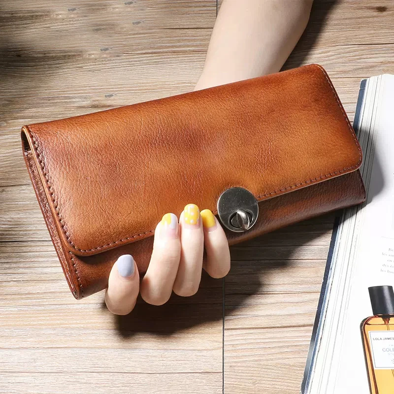 

Женский Длинный клатч AETOO, вместительный кошелек из воловьей кожи с замком для мелочи