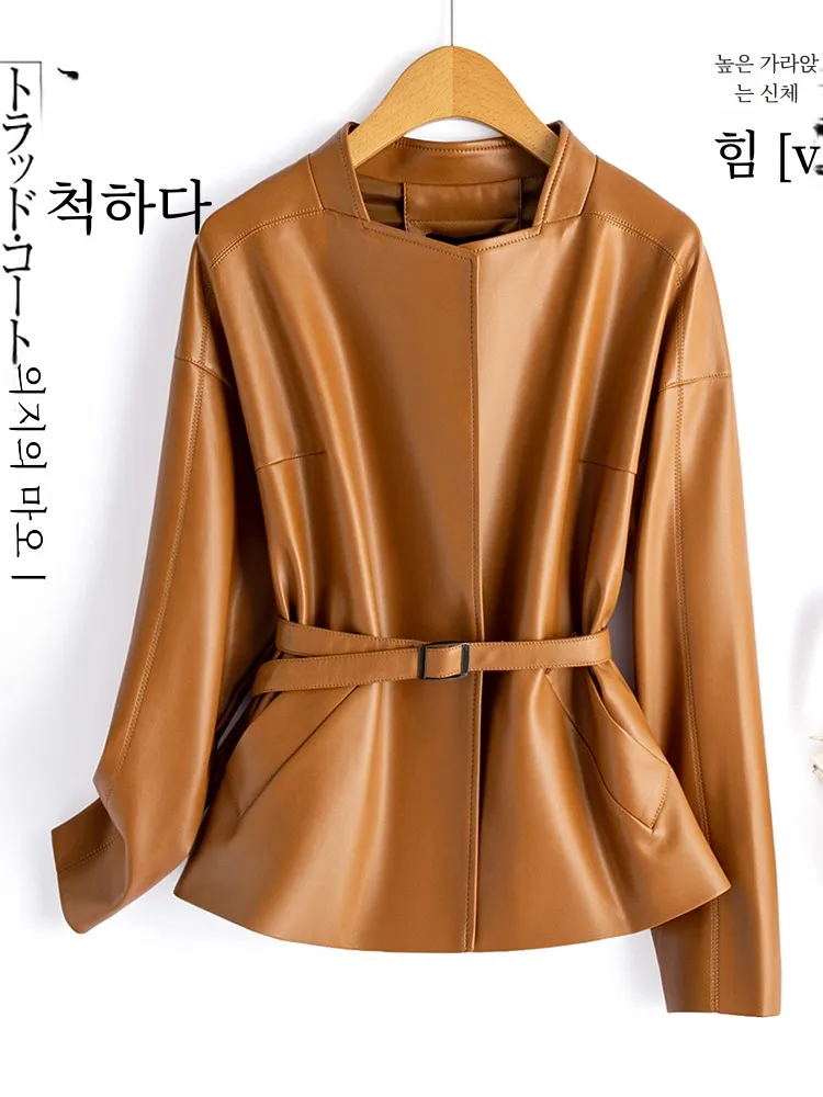 Женское кожаное пальто Haining короткое осеннее 2024 новая модная кожаная куртка на