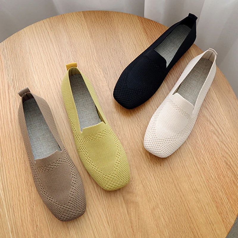

Весна 2022, сетчатые дышащие балетки на плоской подошве, женская обувь с квадратным носком, женская трикотажная обувь-топ, мокасины