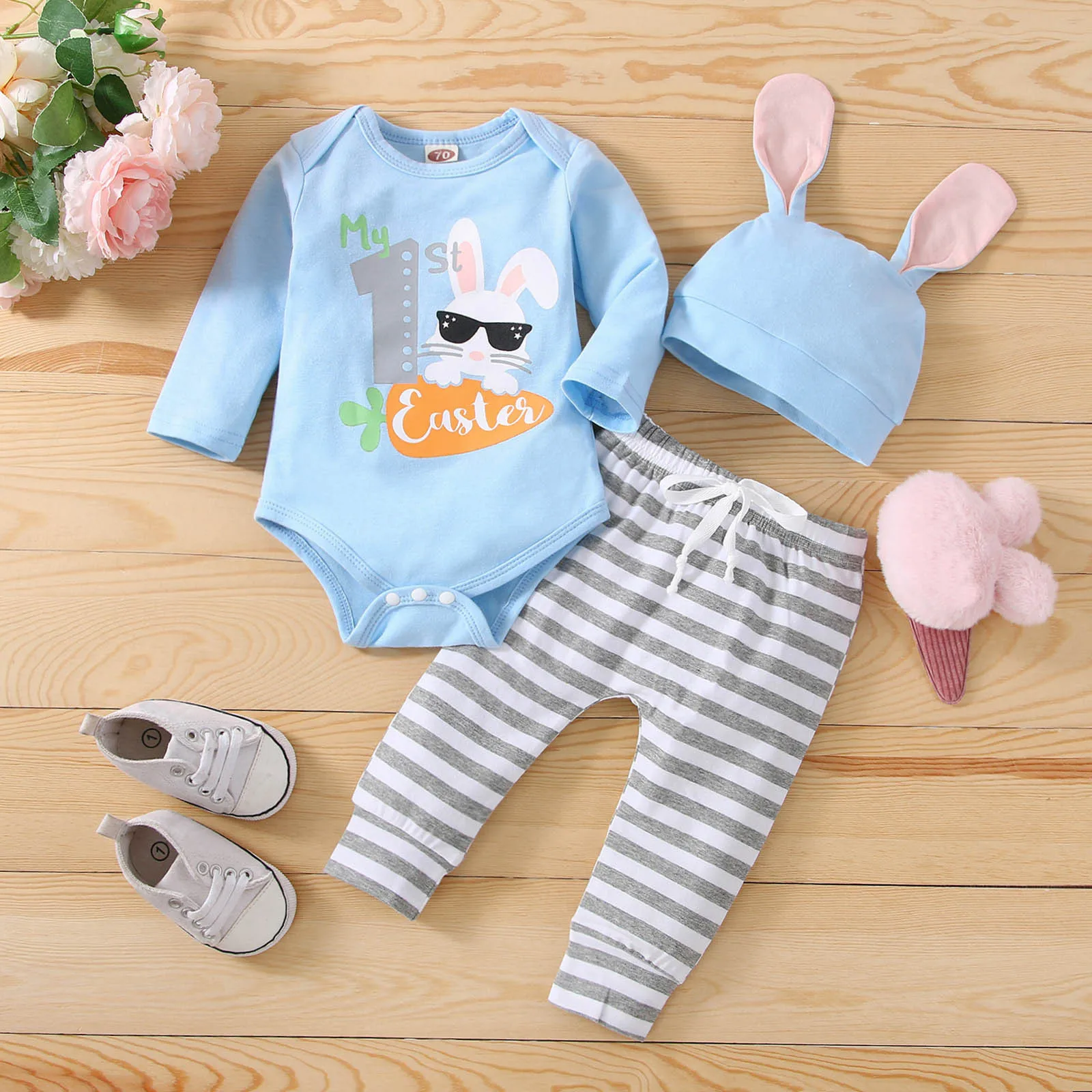 

Infant Boys Girls Long Sleeve Clothes Sets Easter Cartoon Rabbit Prints Bodysuit+Striped Pants+Hats Sets 3 Pcs Newborn Outfits