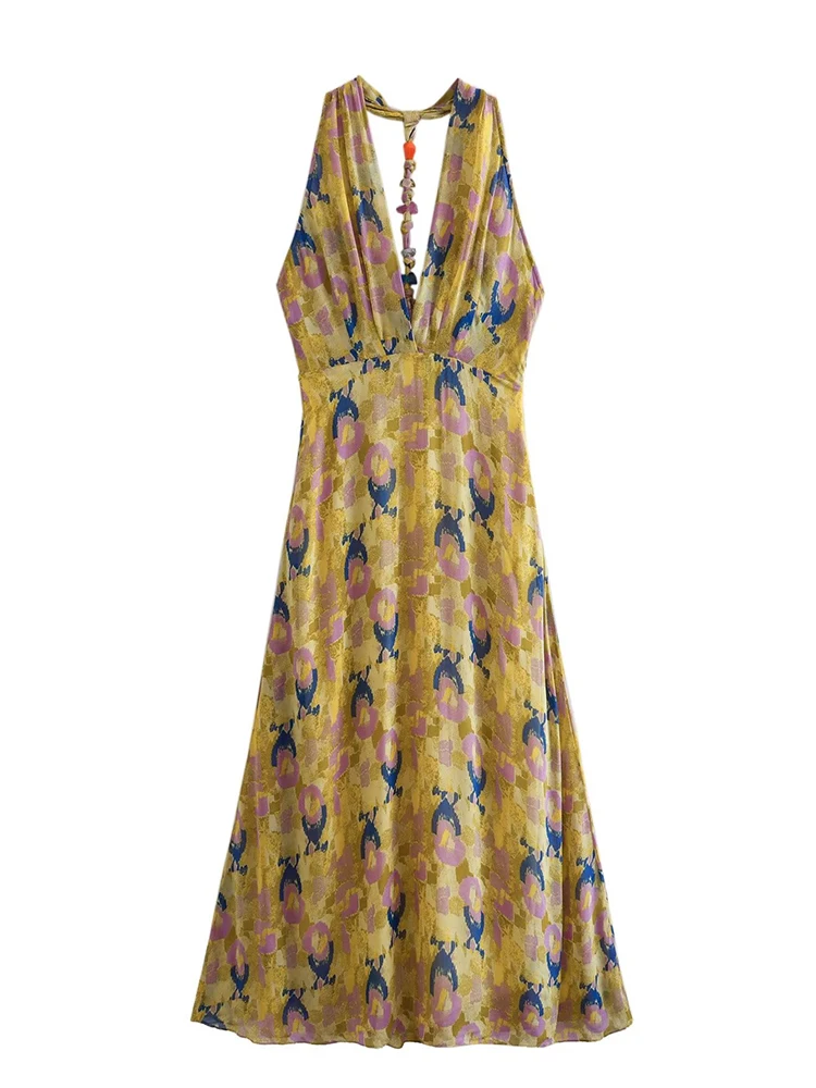 

YENKYE 2023 Women Sexy Backless Beaded Trim Printed Dress Wide Straps V Neck Female Holiday Summer Dresses