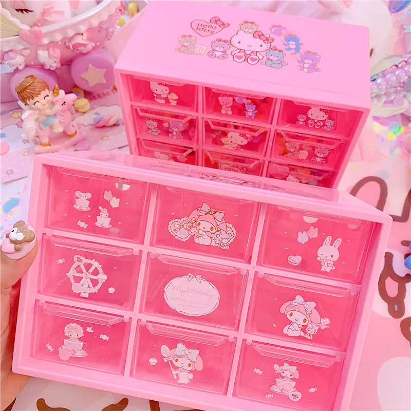 Caja de almacenamiento de escritorio, organizador de joyas transparente, armarios de plástico, cajón rosa de dibujos animados