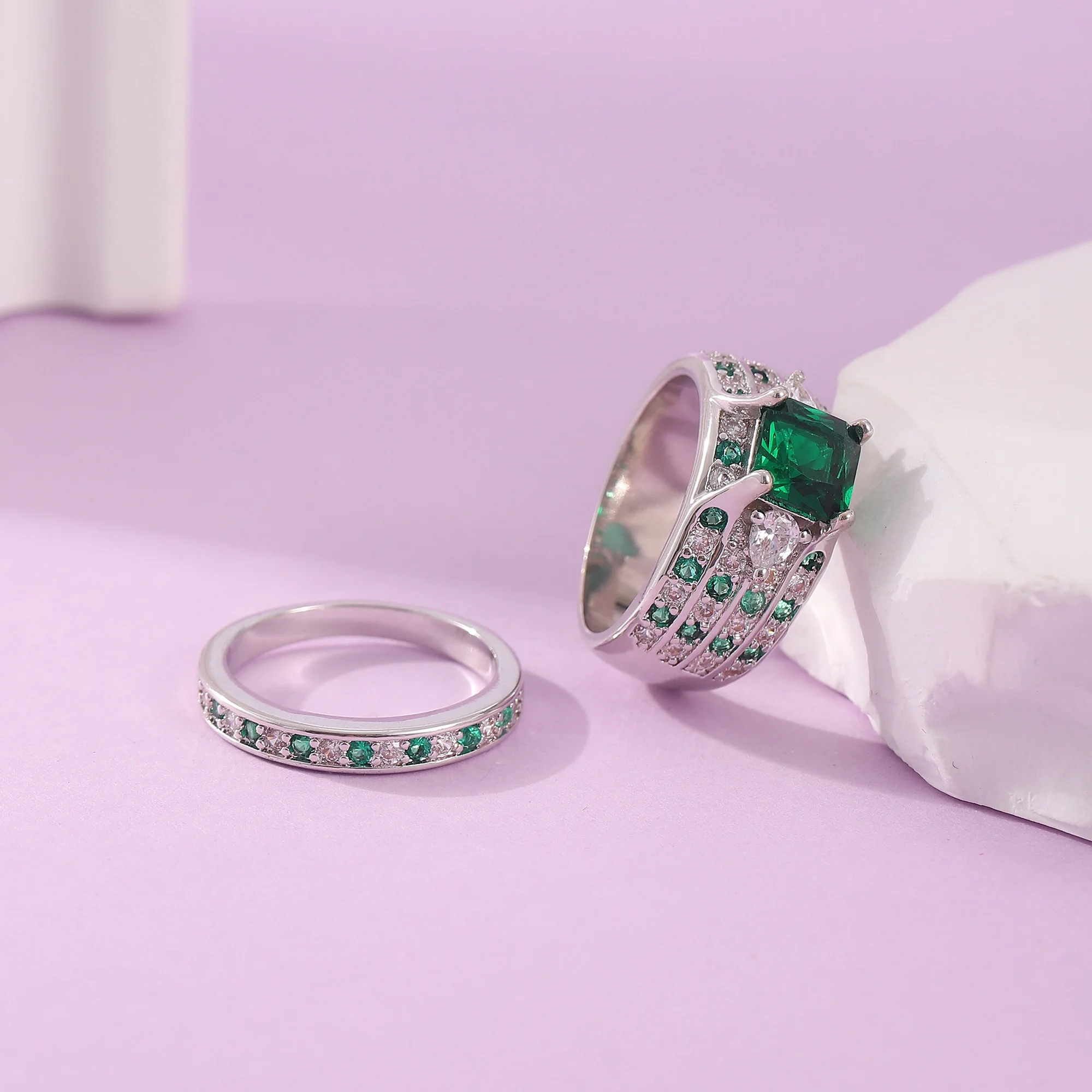 

Silver Color Blue green Crystal Ring Set Fashion Wedding & Engagement Ring Set Jewelry For Women with Austrian Crystal