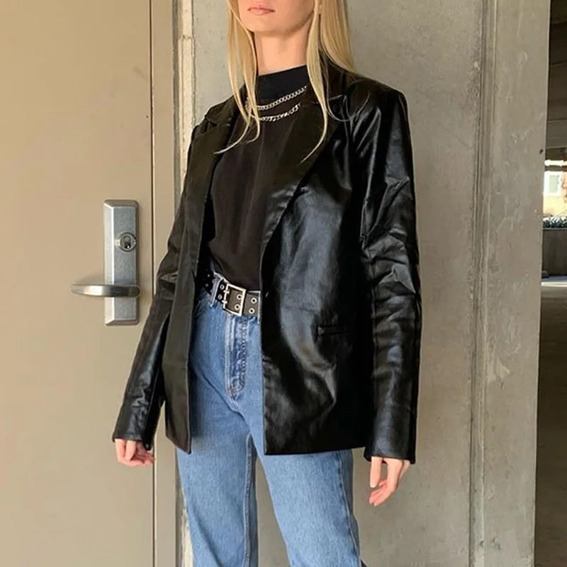 PU One Button Women's Leather Jacket Autumn Coat 2022 Streetwear Black Women's Jacket Y2k Aesthetic Gothic Retro 90s Clothing